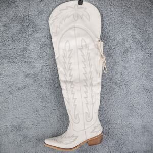 Womens Sz 7 Fashion Pointed Toe OTK Chunky Low Heel Embroidery Boots White